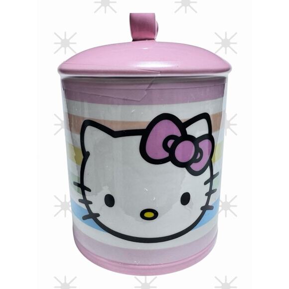 Hello Kitty Sanrio Ceramic Cookie Jar Pastel Stripes Canister– Pink Lid HTF Rare - Picture 1 of 5